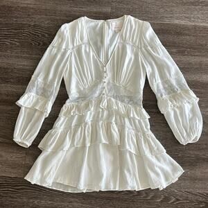 Cinq à Sept Sanya Silk Mini Dress Ivory Tiered Ruffle Lace Long Sleeve 6
